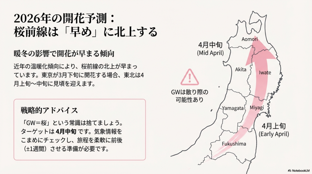 東北6県の地図に桜前線の北上時期（福島・宮城は4月上旬、秋田・岩手・青森は4月中旬）と、GWは散り際の可能性があるという注意書きが記されたマップ。
