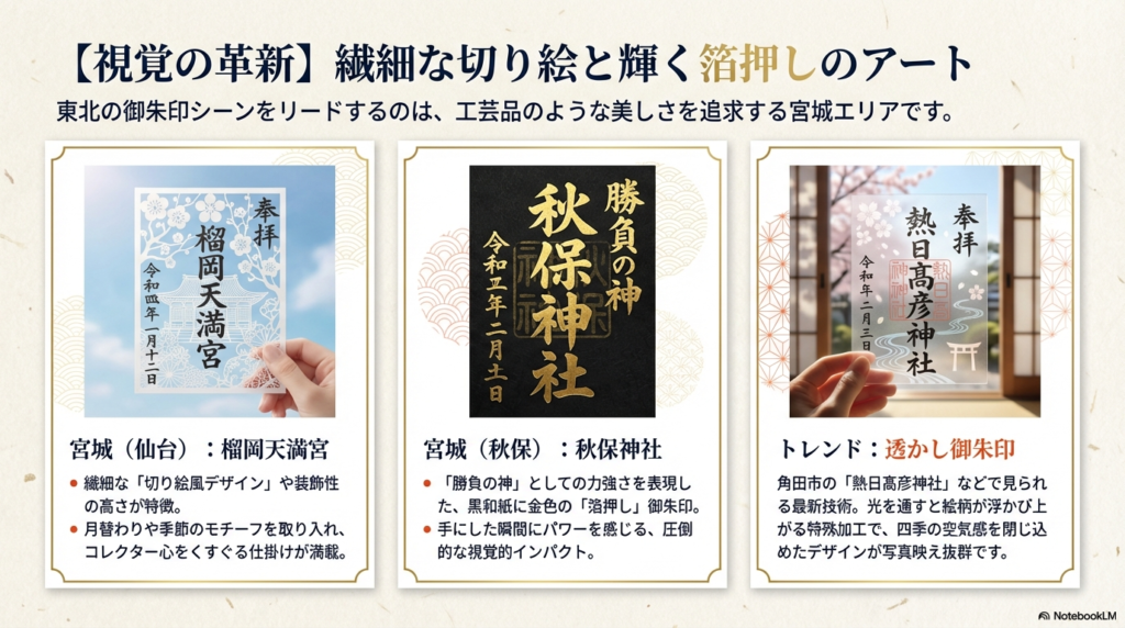 榴岡天満宮の繊細な切り絵御朱印、秋保神社の黒和紙に金色の箔押し、熱日高彦神社の透かし御朱印の3枚が並び、「視覚の革新」というテーマで宮城の御朱印を紹介しているスライド。