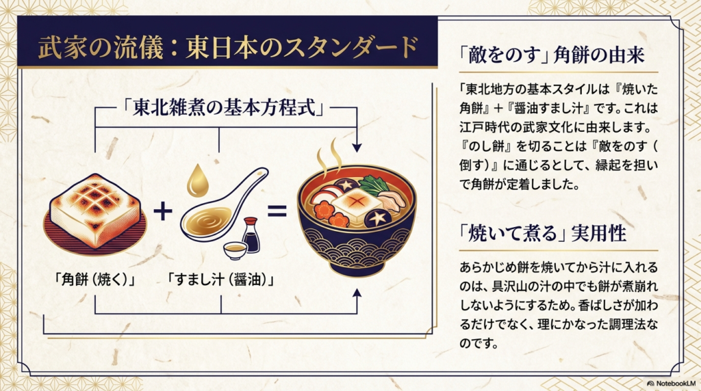 「焼いた角餅」と「醤油仕立てのすまし汁」を足すと東北のお雑煮になるという「基本方程式」の図解。武家文化に由来する「敵をのす」という縁起や、煮崩れを防ぐ調理の知恵が解説されている。