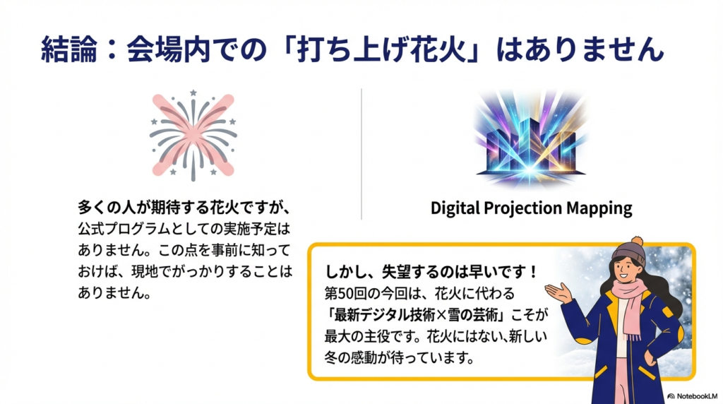 「結論:会場内での打ち上げ花火はありません」と明記し、最新デジタル技術と雪の芸術が主役であることを伝えるスライド