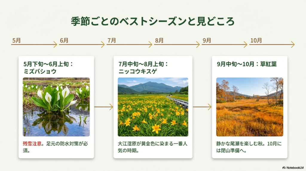 ミズバショウ、ニッコウキスゲ、草紅葉の時期と、それぞれの花の写真をまとめたカレンダー形式の図解。