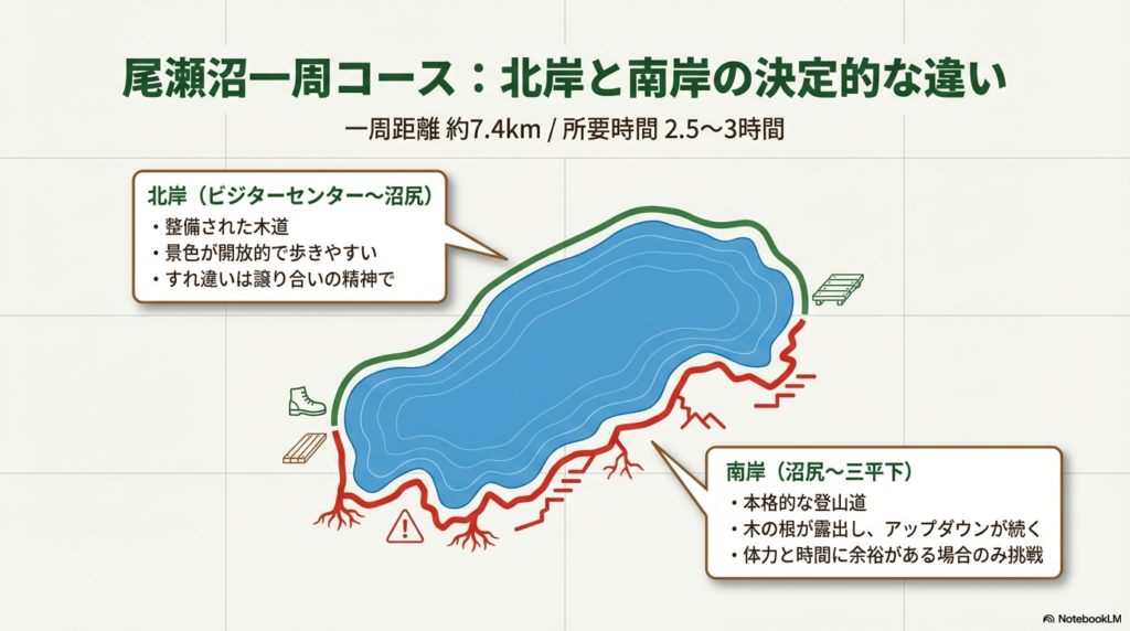 尾瀬沼一周約7.4kmのルートマップ。整備された木道の北岸と、岩や根が露出した登山道の南岸の違いを解説。