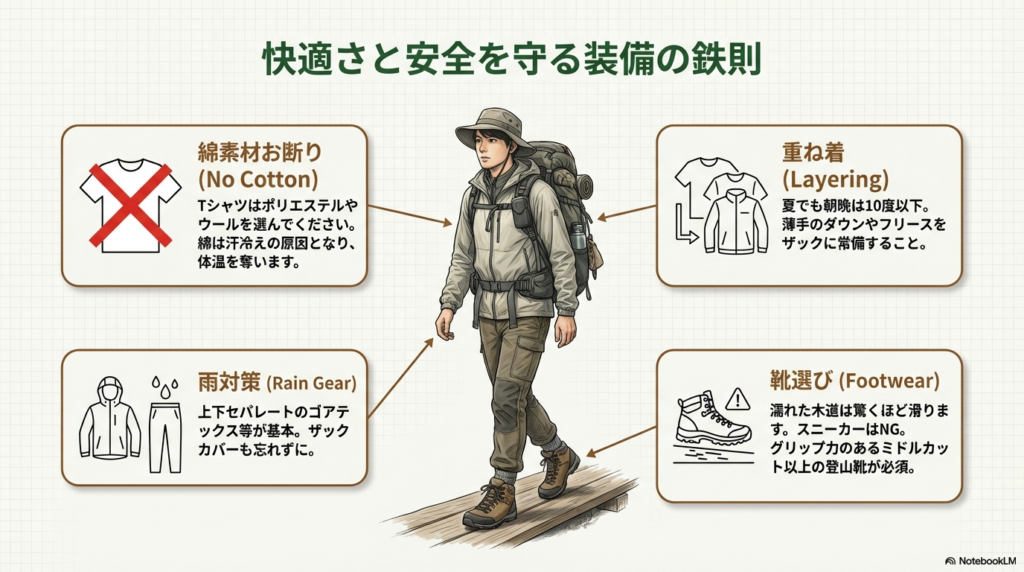 登山服を着た人物のイラスト。レイヤリング、綿素材禁止、雨具、登山靴の4つの重要ポイントを指し示して解説。