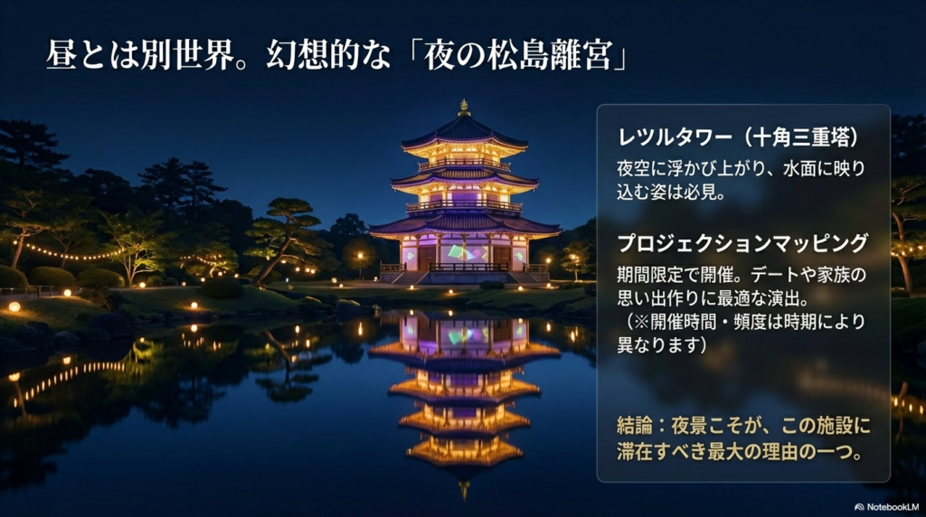 夜空に浮かび上がり水面に映り込む十角三重塔(レツルタワー)の幻想的なイラスト。