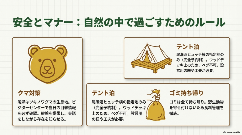 キャンプ指定地のルール、クマ鈴の携行推奨、ゴミの持ち帰り徹底を呼びかけるアイコン付きの図解。
