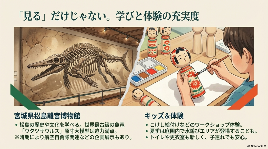 博物館に展示されているウタツサウルスの模型と、こけしの絵付け体験を楽しむ様子。
