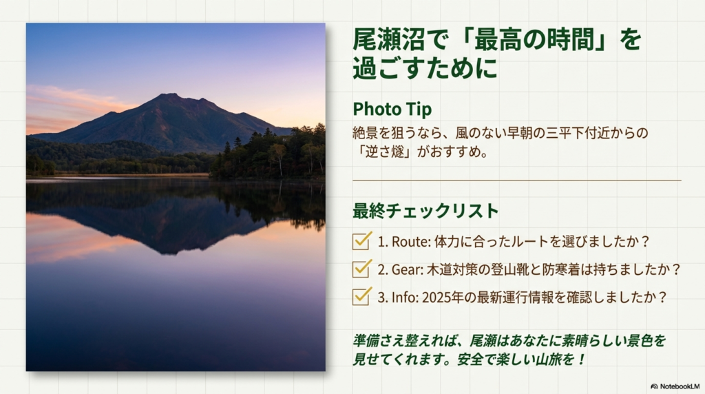 朝霧の燧ヶ岳が湖面に映る「逆さ燧」の写真と、ルート・装備・情報の最終確認チェックリスト。