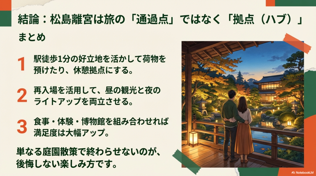 ライトアップされた庭園を眺めるカップルの後ろ姿と、施設を楽しむための3つのポイントまとめ。