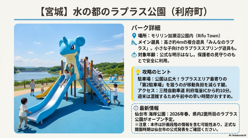 モリリン加瀬沼公園内にあるラプラス公園の紹介。高さ4mの複合遊具「みんなのラプラス」の写真と、第2駐車場が最寄りであること、2026年春に仙台市にもオープン予定であることの解説。