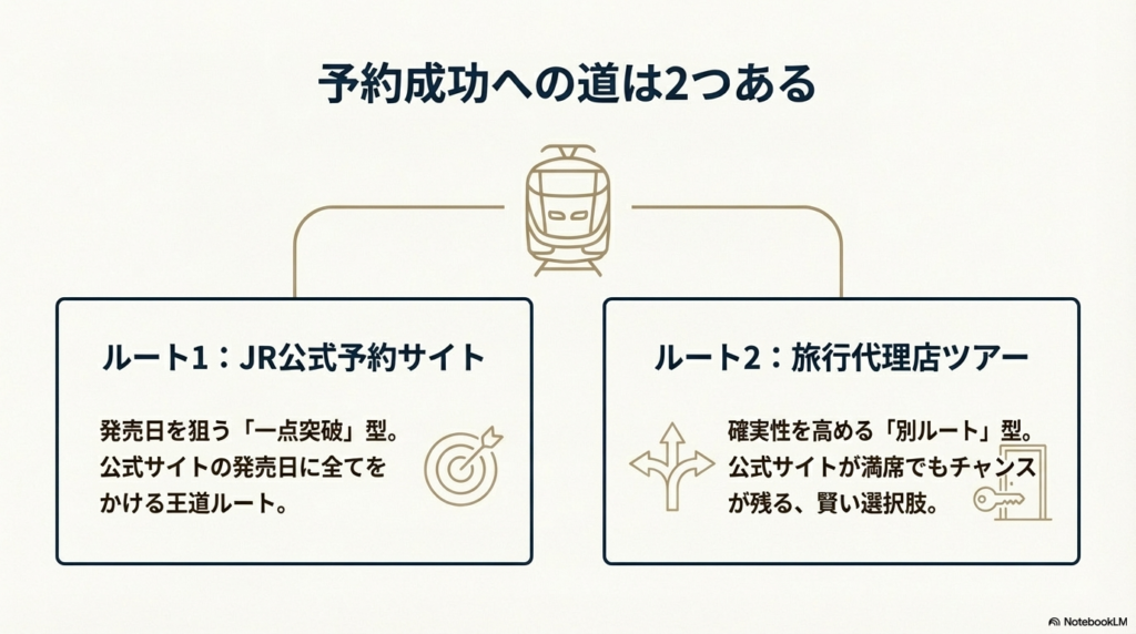 JR公式予約サイト(一点突破型)と旅行代理店ツアー(別ルート型)の2つの攻略法を示した図解。