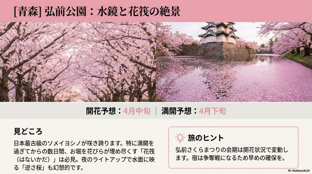 お堀を埋め尽くす桜の花びら「花筏」と、夜のライトアップで水面に映る幻想的な「逆さ桜」の様子。