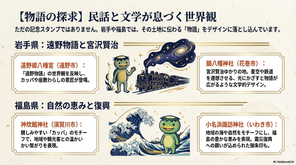 カッパや座敷わらしのイラスト（遠野物語）、宮沢賢治を連想させる銀河鉄道のイラストが描かれ、地域の物語をデザインに落とし込んだ御朱印を紹介しているスライド。