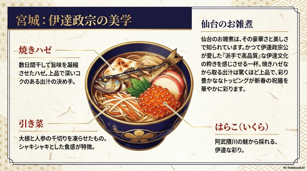 豪華な仙台雑煮のイラスト。数日間干して旨味を凝縮させた「焼きハゼ」の出汁、凍らせた野菜「引き菜」、阿武隈川の鮭から採れる「はらこ(いくら)」など、伊達文化の華やかさを象徴する具材が紹介されている。