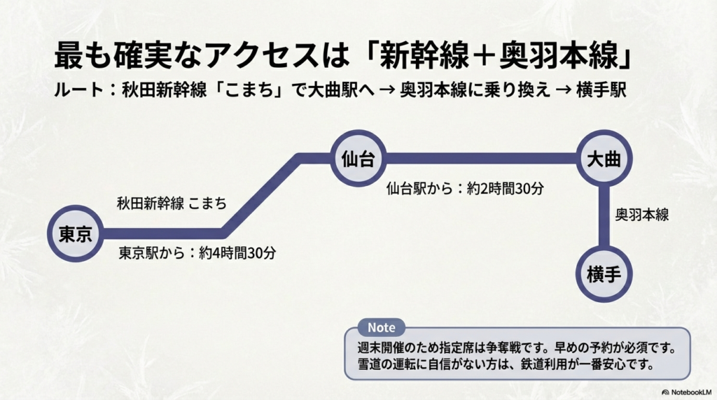 東京・仙台から大曲駅を経由して横手駅へ向かう秋田新幹線と奥羽本線のルート図。東京から約4時間30分、仙台から約2時間30分という目安時間も表示されている。