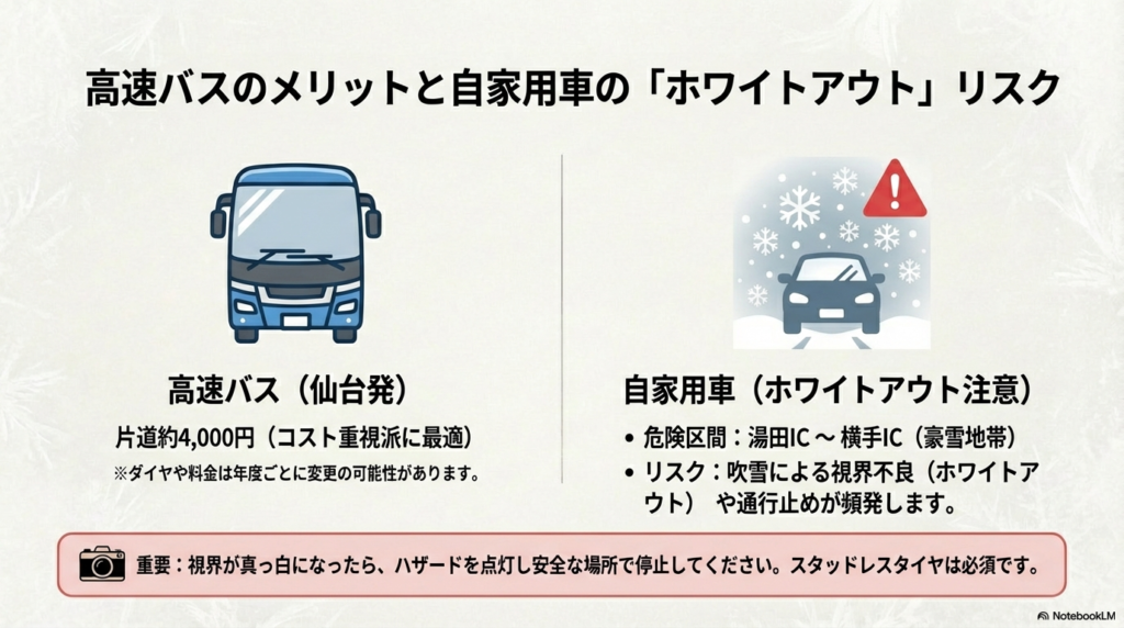 仙台発高速バスの料金(約4,000円)と、自家用車で注意すべき「ホワイトアウト」のリスク区間(湯田IC〜横手IC)を説明する画像。