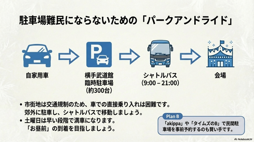 横手武道館の臨時駐車場からシャトルバスで会場へ向かう流れと、民間駐車場予約サービス(akippa、タイムズのB)の活用を勧めるスライド。