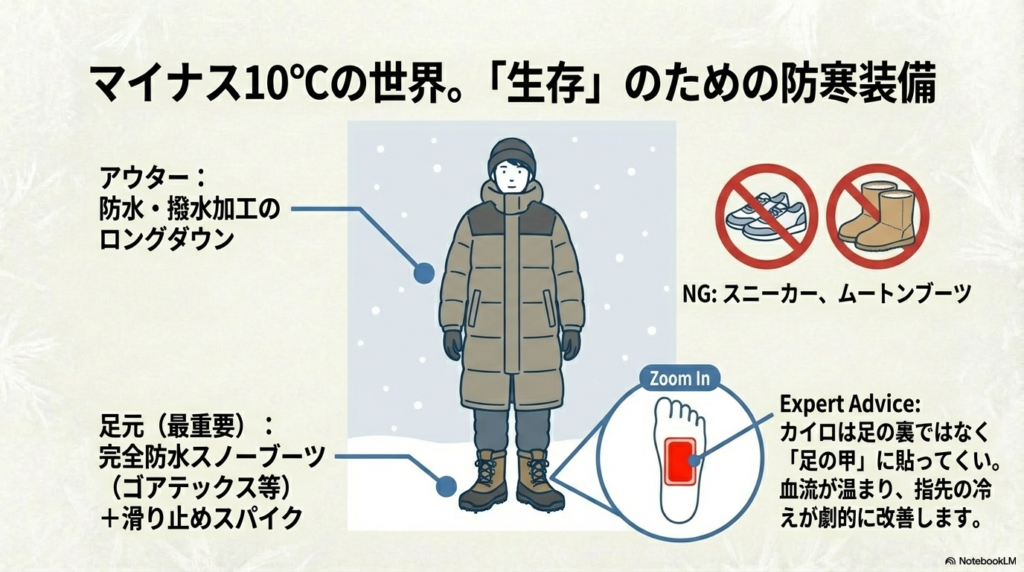 防水ダウンジャケットやスノーブーツ、滑り止めスパイクなどの推奨装備リスト。カイロを「足の甲」に貼る裏技も図解されている。