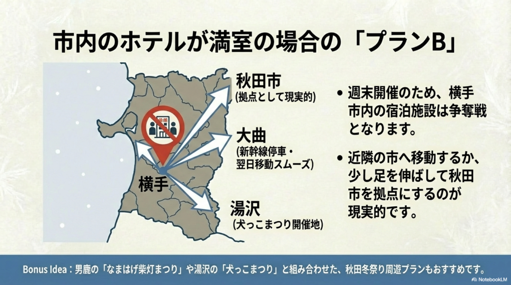 秋田市、大曲、湯沢を拠点にする宿泊案と、男鹿のなまはげ柴灯まつりや湯沢の犬っこまつりを組み合わせた周遊ルートの提案。