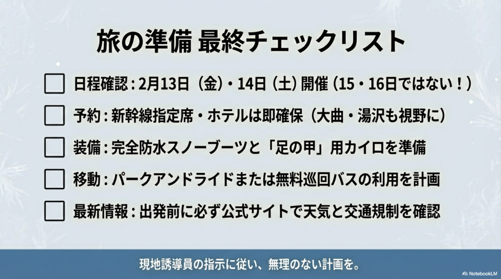 日程、予約、装備、移動、最新情報の5項目を確認できる最終チェックリスト画像。