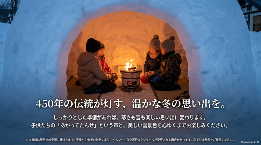 かまくらのイラストと共に「しっかりとした準備があれば、寒さも雪も楽しい思い出に変わります」というメッセージと、最新情報の確認を促す注意書き。