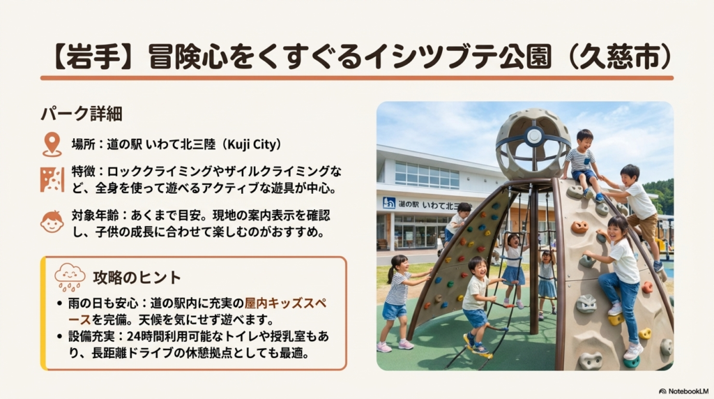 道の駅 いわて北三陸にあるイシツブテ公園。ロッククライミングやモンスターボール型のザイルクライミングで遊ぶ子供たちの写真。屋内キッズスペースや24時間トイレ・授乳室完備の案内。