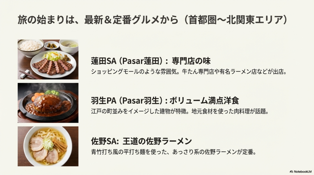 蓮田SAの牛タン定食、羽生PAのハンバーグ、佐野SAの佐野ラーメンの写真と特徴をまとめたスライド。