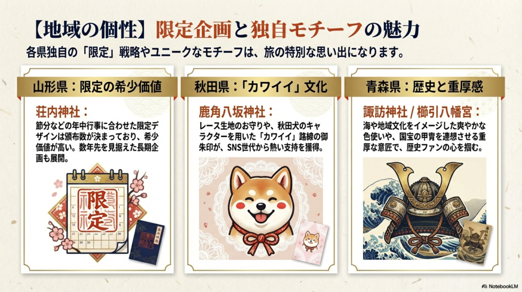 限定御朱印の希少性を伝えるカレンダーのイラスト、秋田犬の可愛いキャラクター、青森の国宝甲冑をモチーフにした重厚な意匠が紹介されているスライド。