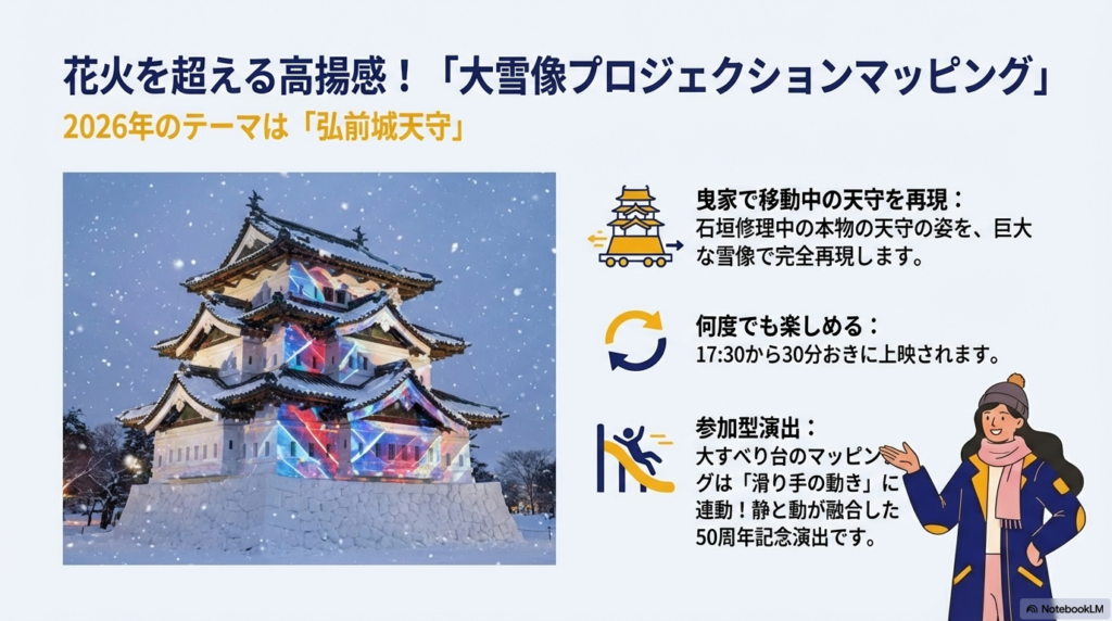弘前城天守をテーマにした大雪像への投影スケジュールや、滑り台と連動する参加型演出を紹介するスライド。