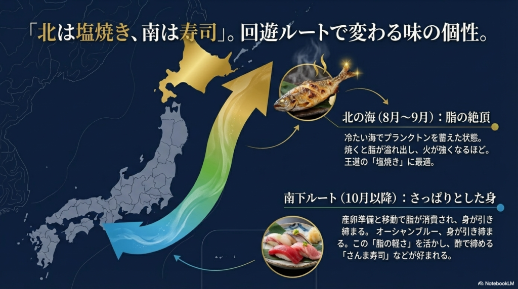 8〜9月の北の海ではプランクトンを蓄え脂が絶頂で塩焼きに最適だが、10月以降の南下ルートでは産卵準備で身が引き締まり、さっぱりした「さんま寿司」に適した肉質になることを解説する比較図。