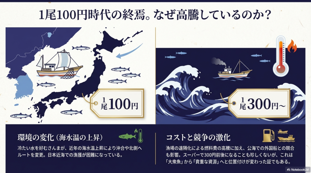 かつての100円から300円以上に値上がりした価格動向と、海水温上昇による回遊ルートの変化、漁場の遠隔化による燃料費高騰、外国船との競合など不漁の背景を説明するイラスト。