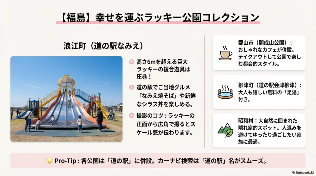 浪江町の高さ6mを超える巨大遊具、郡山市のおしゃれなカフェ、柳津町の足湯、昭和村の大自然など、福島県内4箇所のラッキー公園の特徴をまとめた紹介。