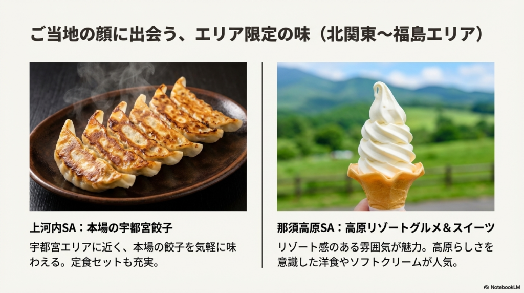 上河内SAの宇都宮餃子と、那須高原SAのソフトクリームの写真、それぞれの施設の特徴を解説したスライド。