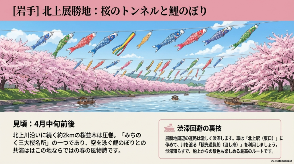 北上川沿いに長く続く桜並木の上空を、色とりどりの鯉のぼりが風に乗って泳いでいる風景。