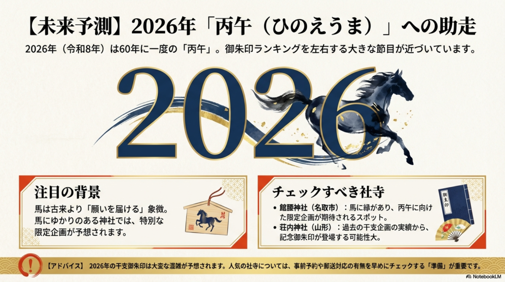 「2026 丙午」という大きな文字と、馬が描かれた絵馬のイラスト。馬に縁のある館腰神社や荘内神社をチェックすべきスポットとして挙げているスライド。