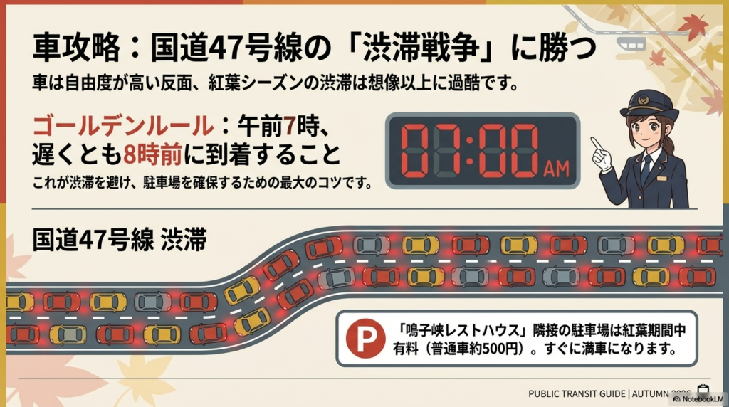 国道47号線の渋滞を回避するため、午前7時、遅くとも8時前の到着を推奨する時計のイラストと、駐車場の有料案内。