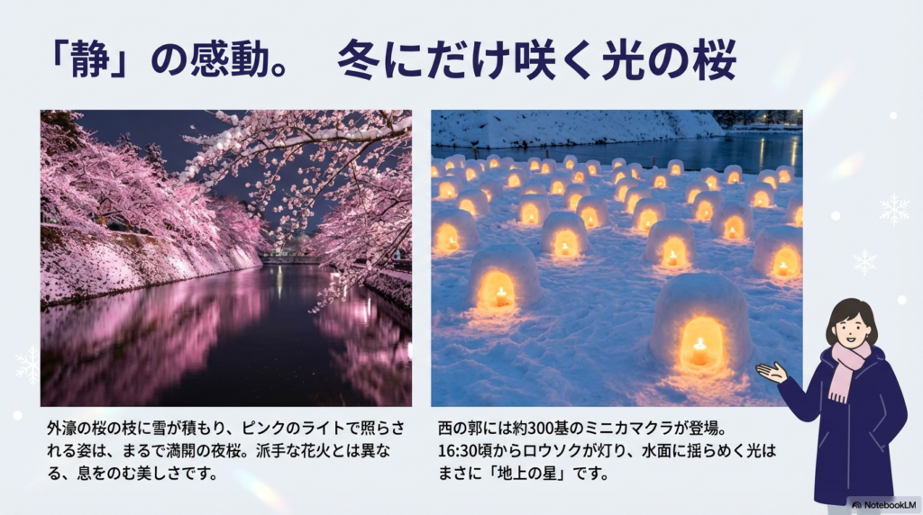 外濠の桜の枝に積もった雪をピンクに照らす「冬のさくら」と、西の郭の約300基のミニカマクラの写真。