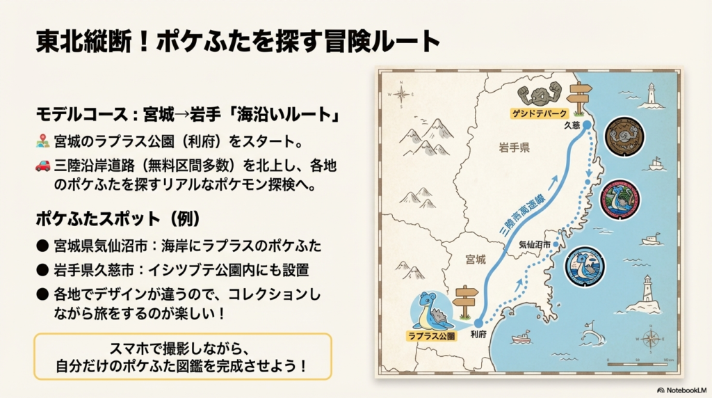 宮城（利府）から岩手（久慈）まで三陸沿岸道路を北上するモデルコース。気仙沼市のラプラス、久慈市のイシツブテなど、各地のデザインが異なるポケふたを探すルートマップ。