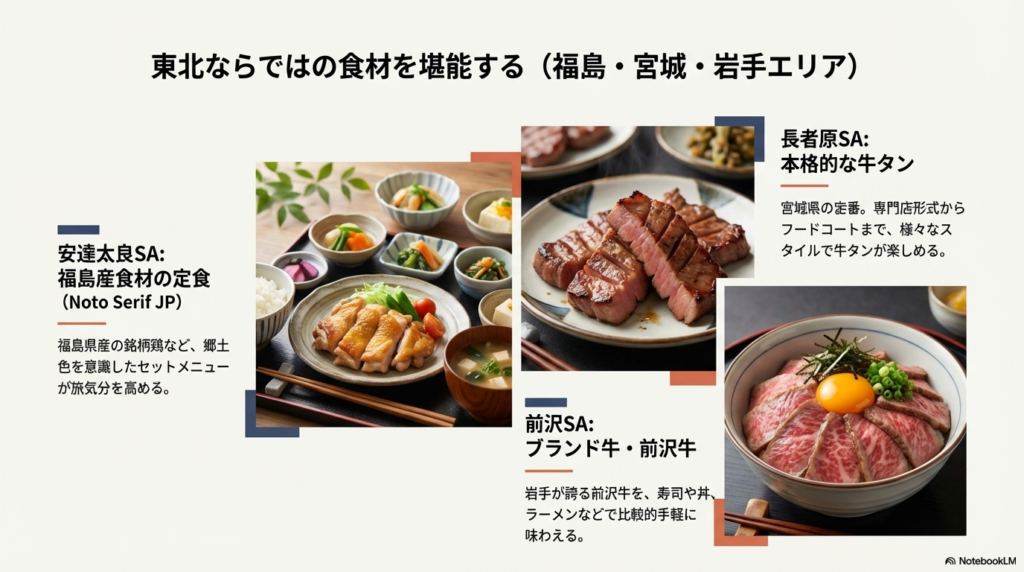 長者原SAの本格牛タン、安達太良SAの銘柄鶏定食、前沢SAの前沢牛ローストビーフ丼の写真と解説をまとめたスライド。