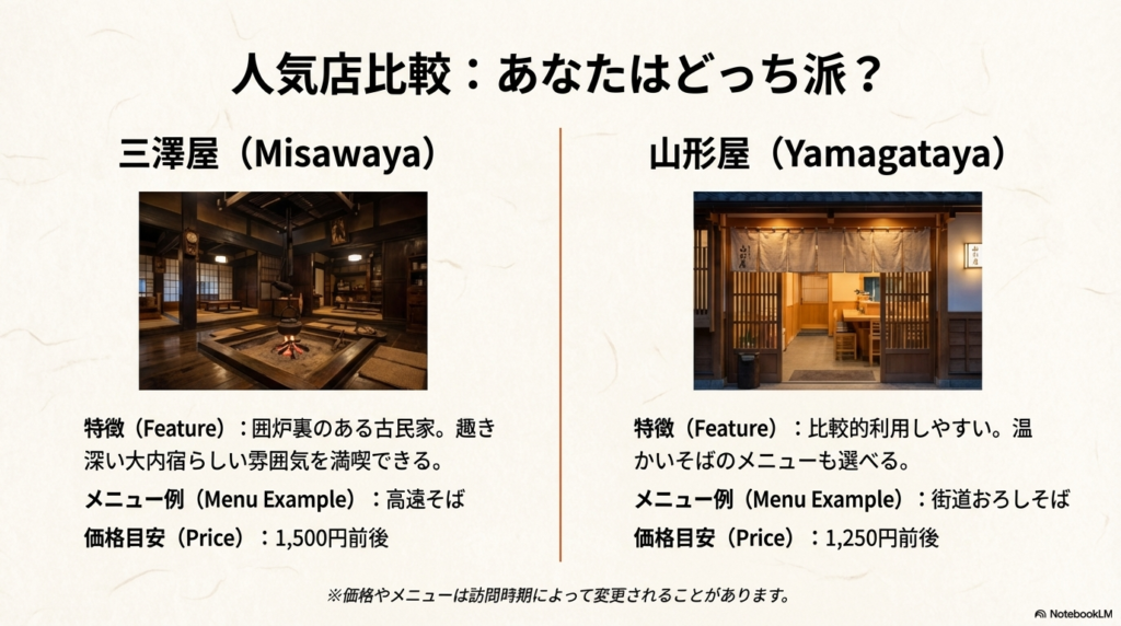 囲炉裏のある三澤屋と、利用しやすい山形屋の特徴・価格・メニューを比較した表形式のスライド