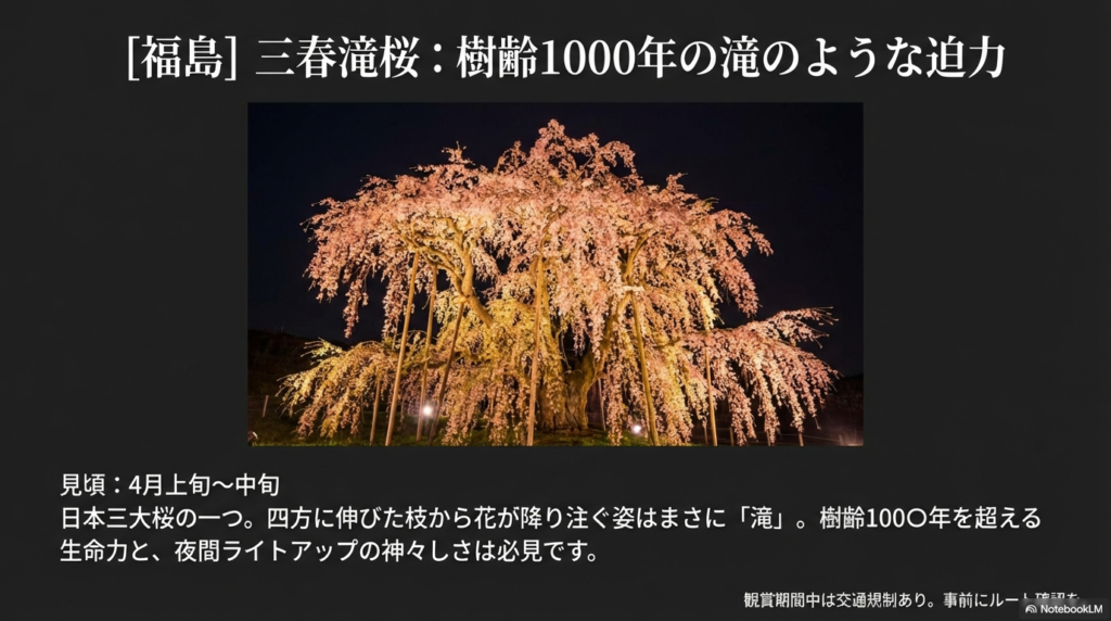 夜の闇にライトアップで浮かび上がる、四方に枝を広げた巨大なベニシダレザクラ「三春滝桜」。