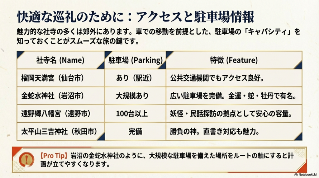 榴岡天満宮、金蛇水神社、遠野郷八幡宮、太平山三吉神社の駐車場情報と特徴がまとめられた、快適な巡礼のためのアクセスマップ的スライド。