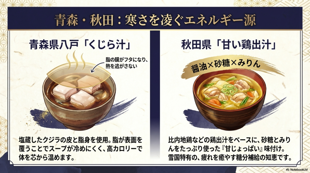 青森県八戸の「くじら汁」と秋田の「甘い鶏出汁」の解説。クジラの脂で熱を逃さない工夫や、砂糖とみりんを使った甘じょっぱい味付けなど、雪国特有の糖分補給の知恵が紹介されている。
