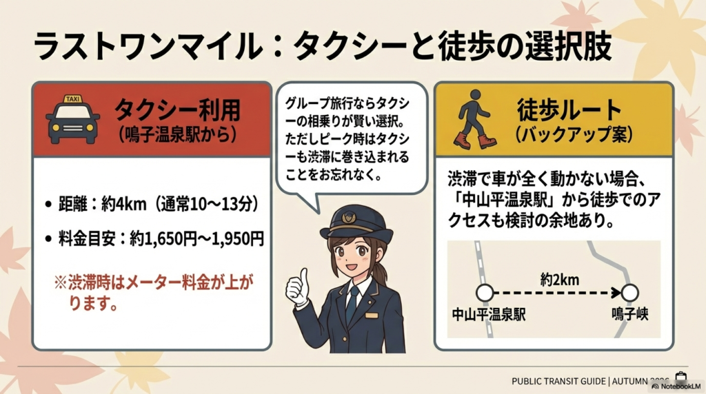 鳴子温泉駅からのタクシー料金目安(約1,650円〜1,950円)と、バックアップ案としての中山平温泉駅からの徒歩ルート(約2km)の紹介。