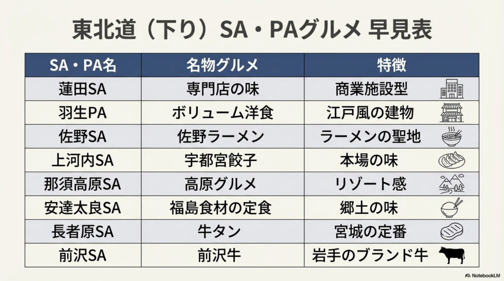 蓮田から前沢までの主要SA・PA名、名物グルメ、施設の特徴(江戸風、ラーメンの聖地など)を一覧にした表。