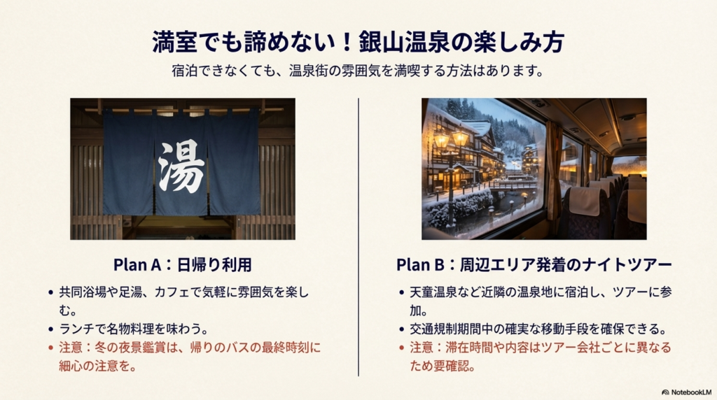 日帰り利用で雰囲気を楽しむ「Plan A」と、周辺エリア発着のナイトツアーに参加する「Plan B」のメリットと注意点を解説するスライド。