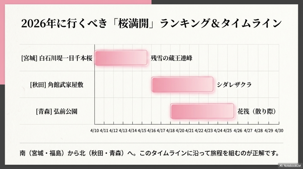 白石川堤（4/10〜）、角館（4/16〜）、弘前公園（4/18〜）のそれぞれの見頃時期を視覚化したタイムラインチャート。