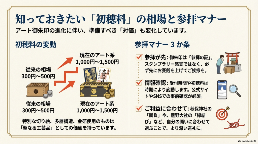 参拝する人のイラストとともに、アート御朱印の相場（1,000円〜1,500円）や、「参拝が先」などのマナーが解説されたガイドスライド。