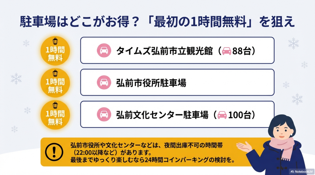 弘前市立観光館、市役所、文化センターの駐車場情報と、夜間の出庫制限に関する注意点をまとめたスライド。