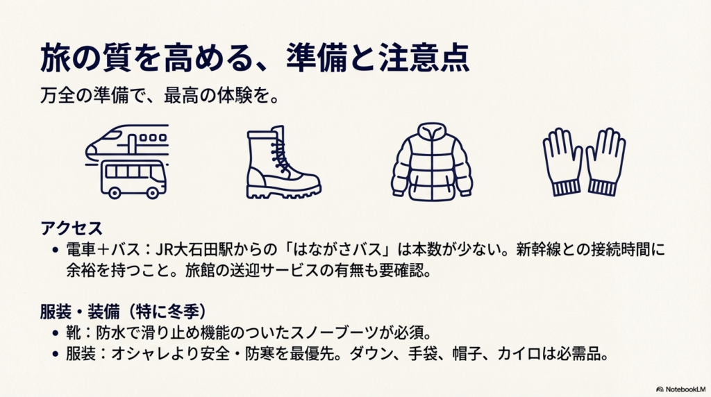 大石田駅からのバス接続の注意点や、防水・滑り止め付きスノーブーツ、防寒着（ダウン、手袋、帽子、カイロ）など必須装備をアイコンで示したスライド。