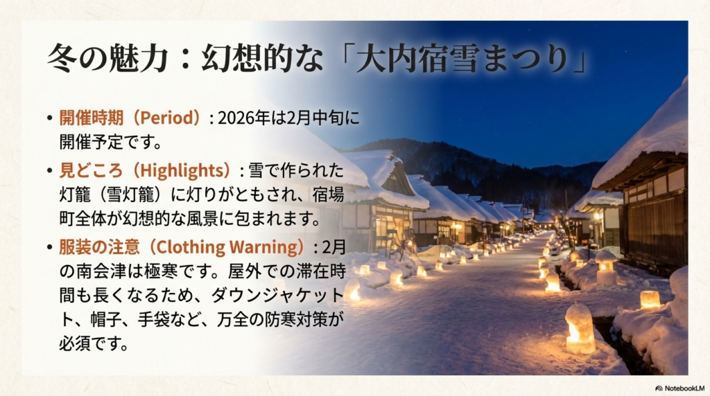 2026年2月中旬開催予定の雪まつりの見どころと、極寒に対する万全の防寒対策を促すスライド